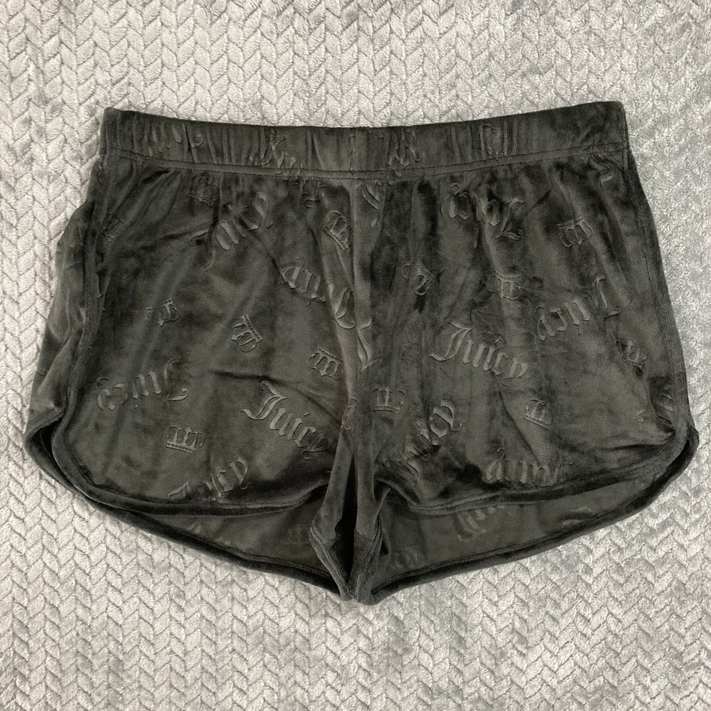 Juicy Couture Sleep Shorts Womens L Black Velour Embossed Pajama Lounge Y2K